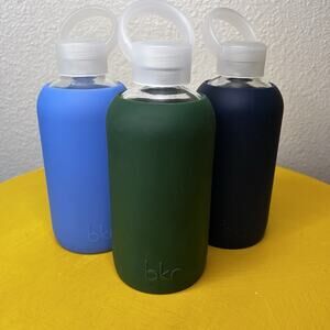 BKR Glass Water Bottle w/Silicone Sleeve 16 oz Green Blue Navy Blue